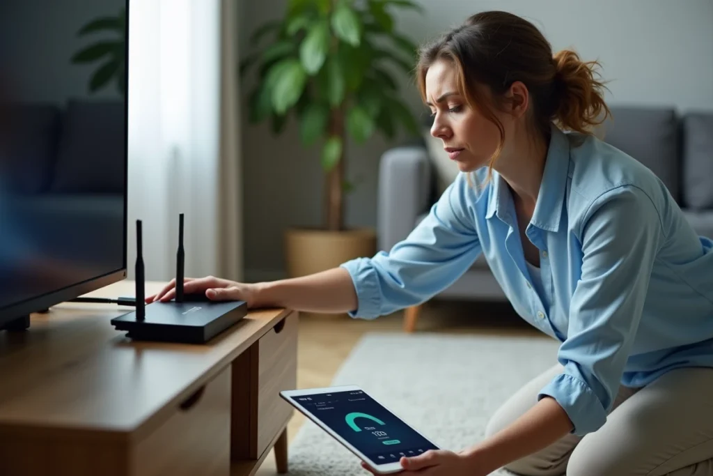 Femme vérifiant son routeur WiFi lent dans un salon, avec une tablette affichant les résultats d'un test de connexion internet