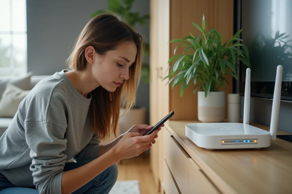Femme vérifiant le routeur WiFi et son smartphone Android pour diagnostiquer un problème de connexion Internet dans un salon moderne