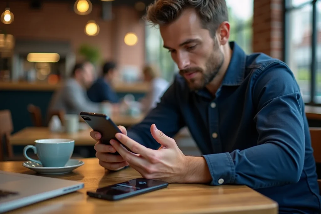 Homme dans un café analysant les paramètres réseau de son smartphone Android connecté au WiFi mais sans accès Internet