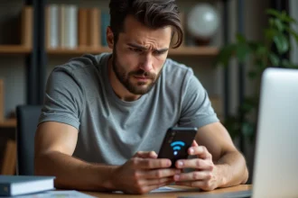 Homme frustré regardant son smartphone Android affichant une connexion WiFi sans accès Internet dans un bureau à domicile
