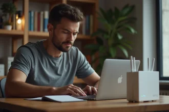 Homme vérifiant les paramètres de son routeur WiFi via l'interface 192.168.1.1 sur un ordinateur portable posé sur un bureau en bois