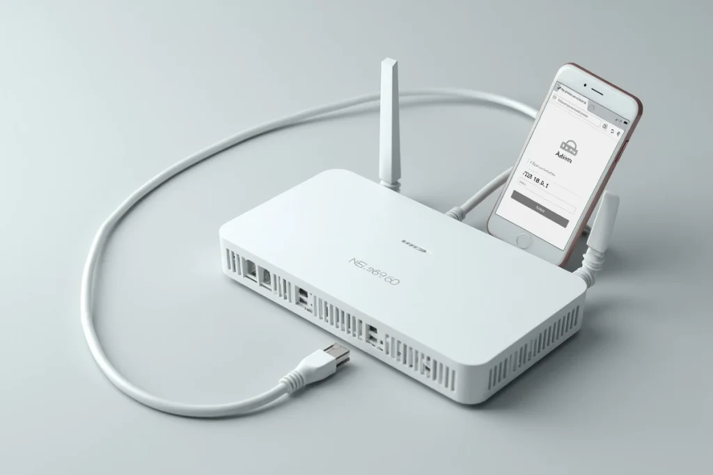 Vue en plongée d'un routeur WiFi blanc avec un smartphone affichant la page de connexion à l'interface administrateur 192.168.1.1