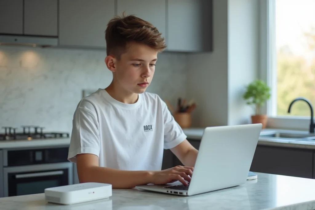 Adolescent entrant le mot de passe WiFi Bbox sur un ordinateur portable dans une cuisine moderne