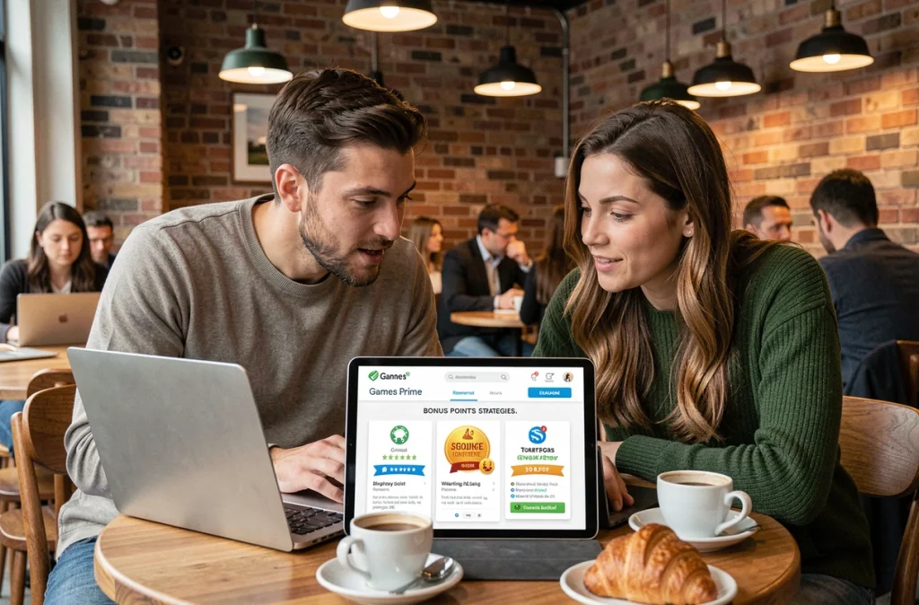 Deux amis partageant des astuces pour optimiser leurs récompenses Games Prime dans un café urbain