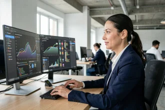 Professionnelle analysant des données structurées et métriques SEO sur deux écrans dans un bureau moderne