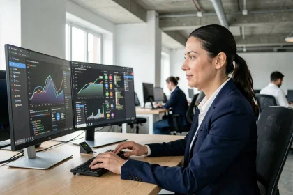 Professionnelle analysant des données structurées et métriques SEO sur deux écrans dans un bureau moderne