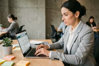 Femme développeuse web analysant la structure des URL d'un site sur son ordinateur portable dans un bureau moderne