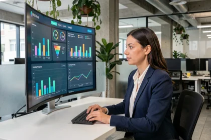 Analyste marketing en entreprise IT étudiant des tableaux de bord de données publicitaires sur un grand écran incurvé dans un open-space moderne