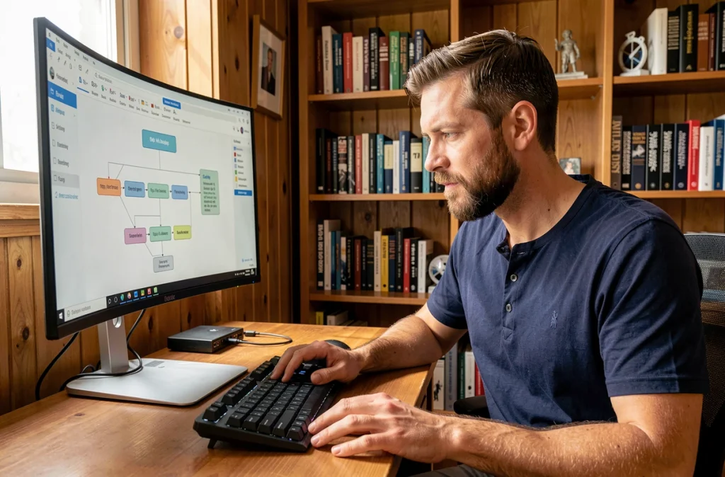 Consultant SEO examinant une architecture de site web et la hiérarchie des URL sur un grand écran de bureau à domicile