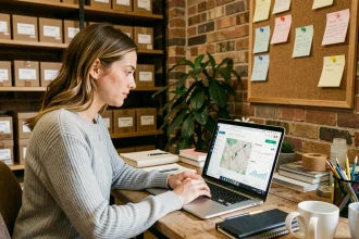 Propriétaire de boutique en ligne analysant des backlinks locaux sur un tableau de bord SEO dans son bureau arrière-boutique