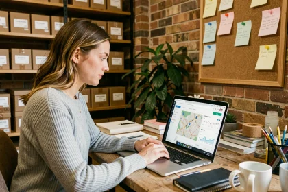 Propriétaire de boutique en ligne analysant des backlinks locaux sur un tableau de bord SEO dans son bureau arrière-boutique