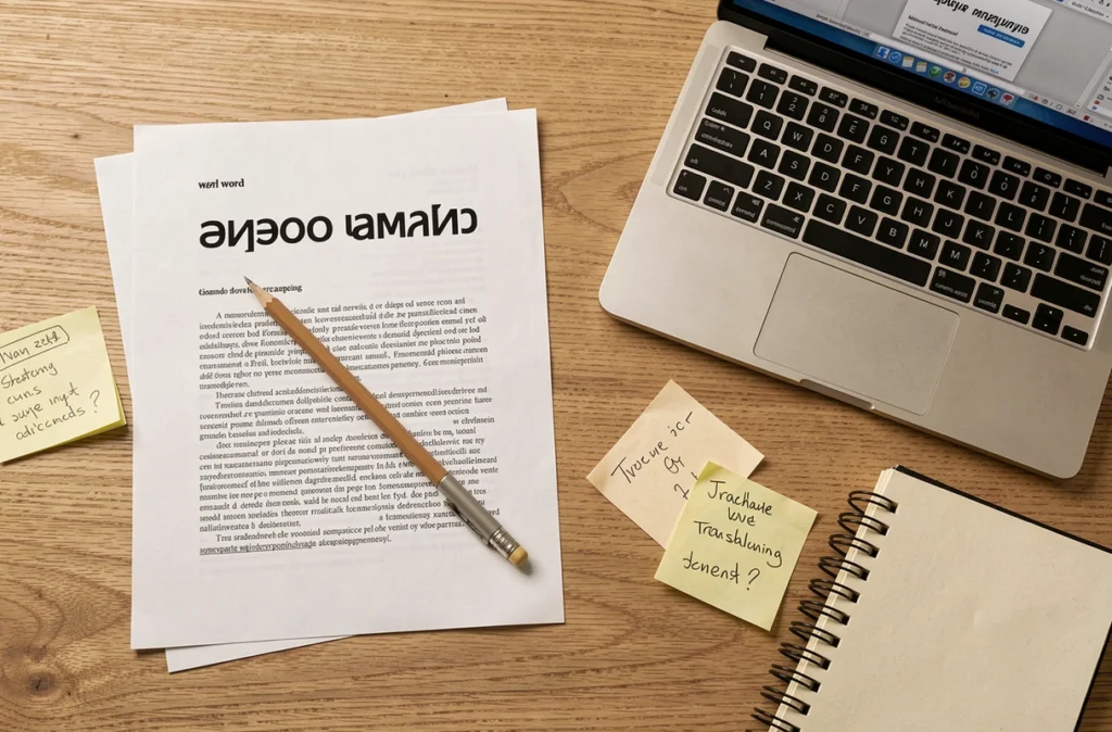 Vue en plongée d'un bureau avec document Word imprimé en miroir et écran d'ordinateur affichant l'aperçu avant impression