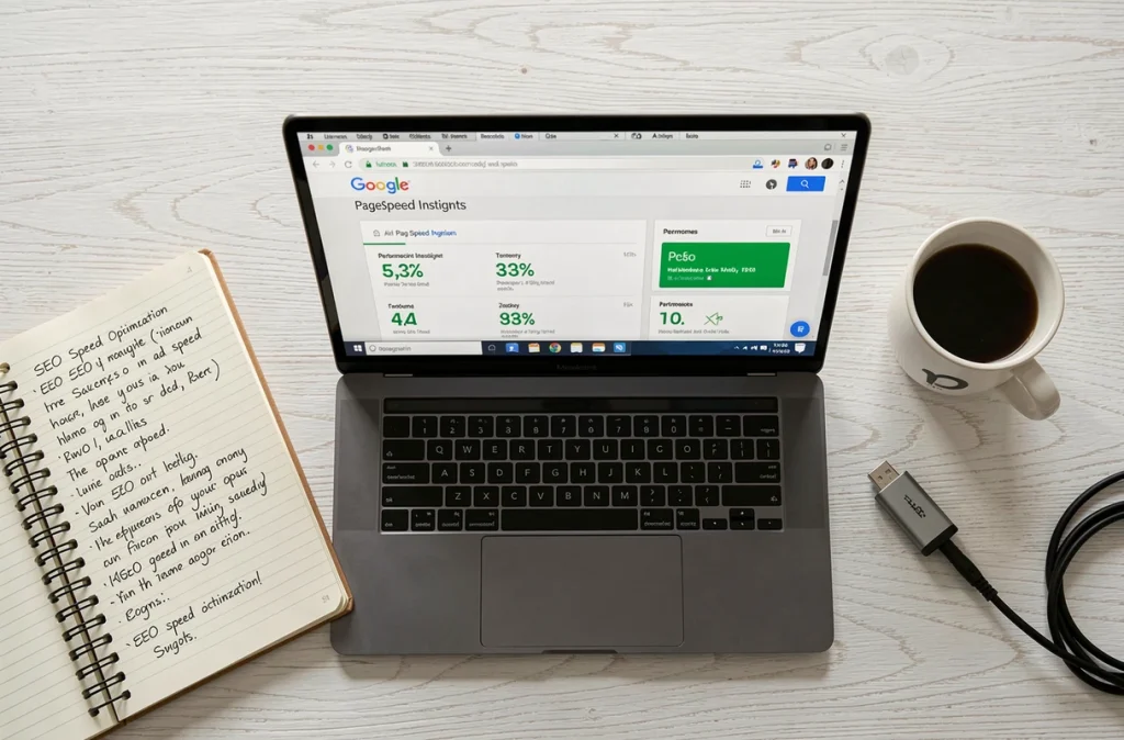 Vue aérienne d'un bureau avec un rapport PageSpeed Insights ouvert sur un ordinateur portable et des notes manuscrites sur l'optimisation SEO