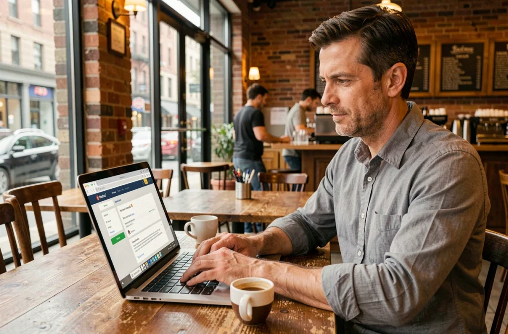 Un homme travaille sur une campagne d'emailing personnalisée depuis un café urbain avec son ordinateur portable