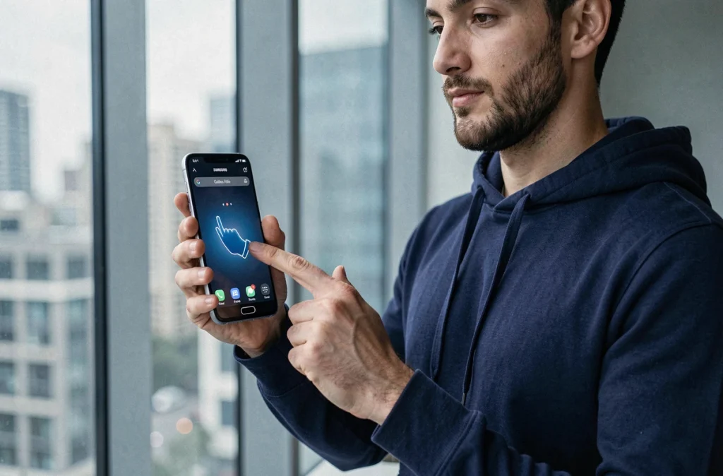 Homme utilisant le geste de balayage de la paume pour faire une capture d'écran sur un Samsung Galaxy A