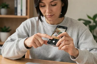 Femme réalisant une capture d'écran sur un Samsung Galaxy S en appuyant sur les boutons latéraux