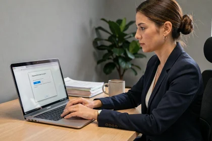 Femme professionnelle chiffrant des fichiers sensibles sur un ordinateur portable au bureau