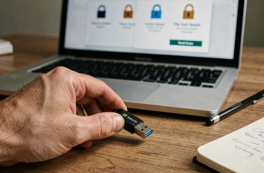 Clé USB chiffrée posée sur un bureau à côté d'un ordinateur avec interface de sécurité