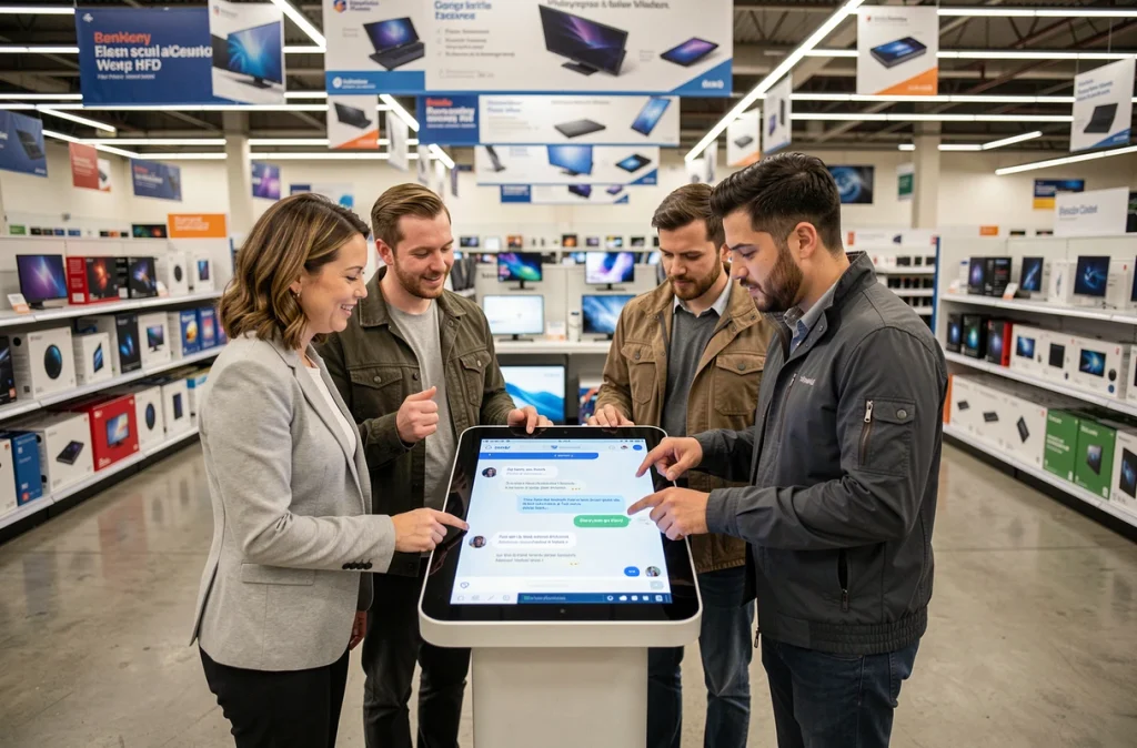 Groupe de clients consultant un chatbot sur tablette interactive en boutique électronique