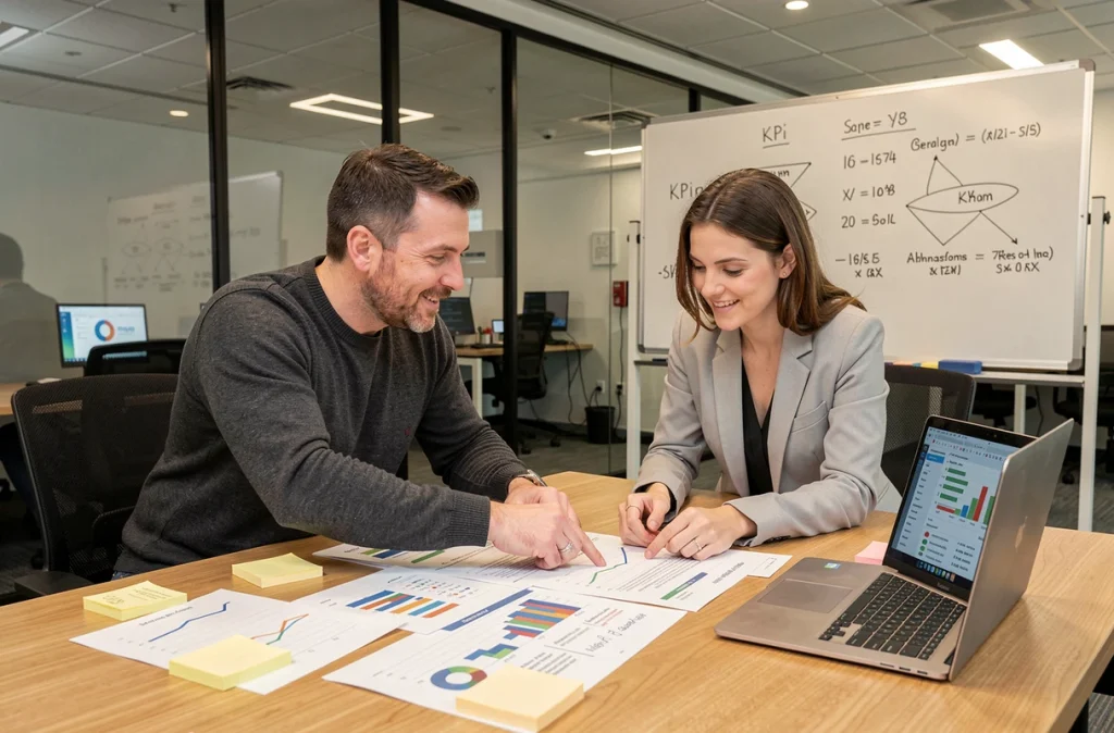 Deux professionnels IT collaborant autour de rapports d'analyse de données pour optimiser des campagnes publicitaires en salle de réunion