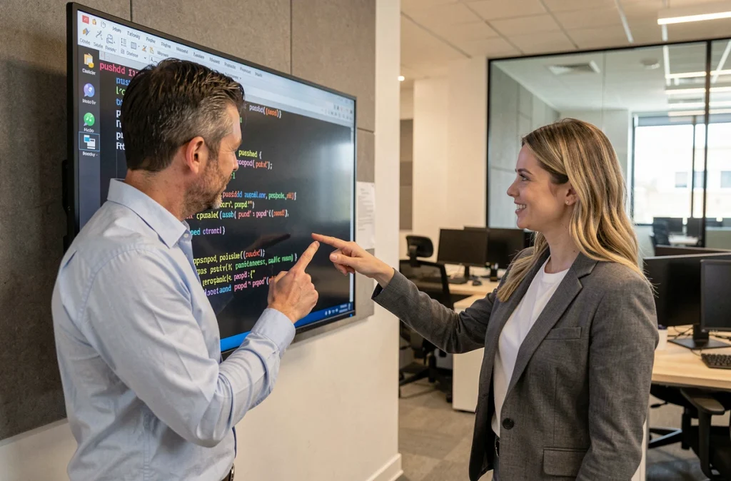 Deux développeurs analysant des commandes shell pushd et popd sur un grand écran dans un bureau open space
