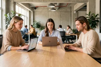 Équipe de trois collègues travaillant simultanément sur le même document en temps réel autour d'une table de bureau moderne