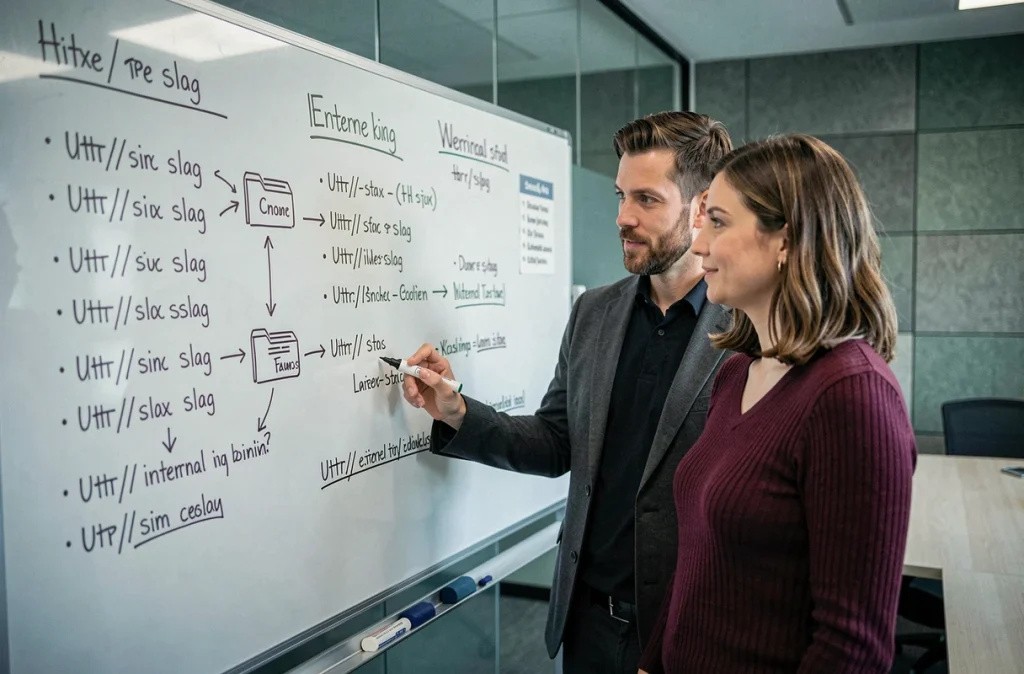 Deux experts en référencement naturel collaborant sur la structure des URL et le maillage interne d'un site web sur un tableau blanc