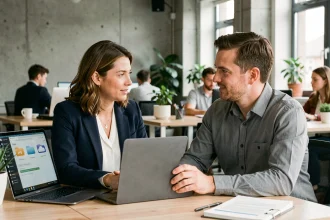 Deux collègues collaborant sur une solution de stockage cloud dans un bureau moderne en open space