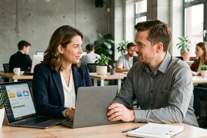 Deux collègues collaborant sur une solution de stockage cloud dans un bureau moderne en open space