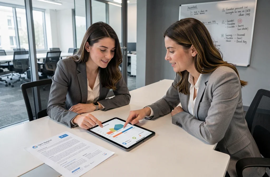 Deux professionnelles collaborent sur une stratégie de personnalisation d'emails avec des données analytiques en salle de réunion