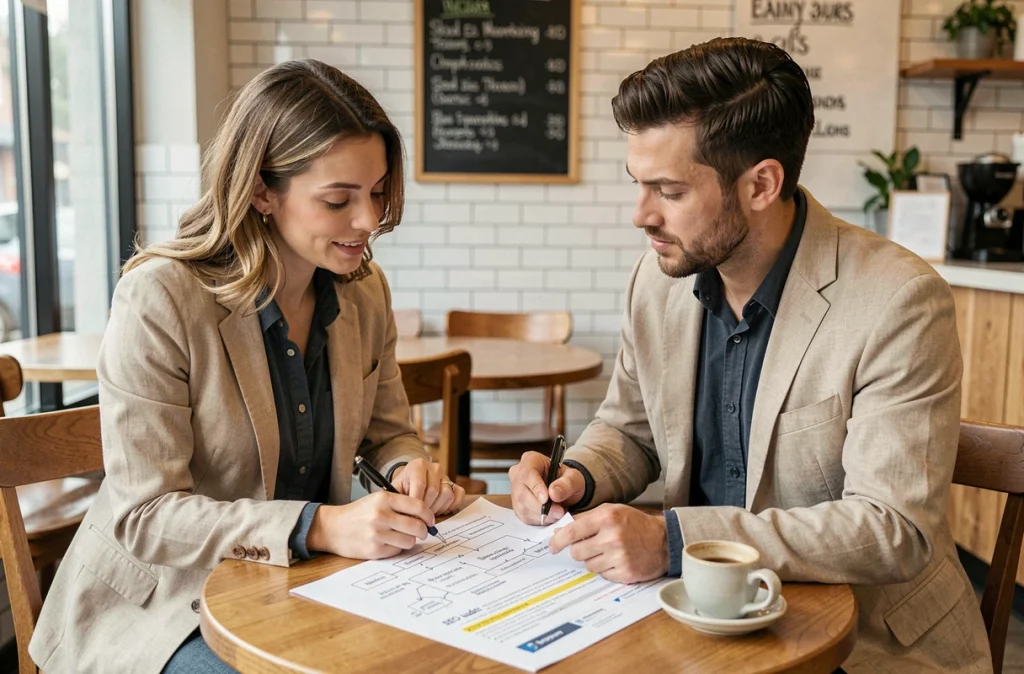 Deux collègues discutant d'une stratégie de référencement naturel basée sur du contenu evergreen dans un café avec des documents SEO