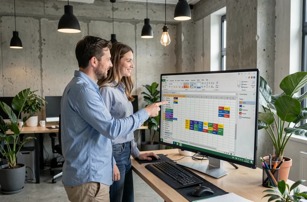 Deux collègues collaborant sur l'automatisation de tâches répétitives avec des macros dans Excel dans un espace de coworking
