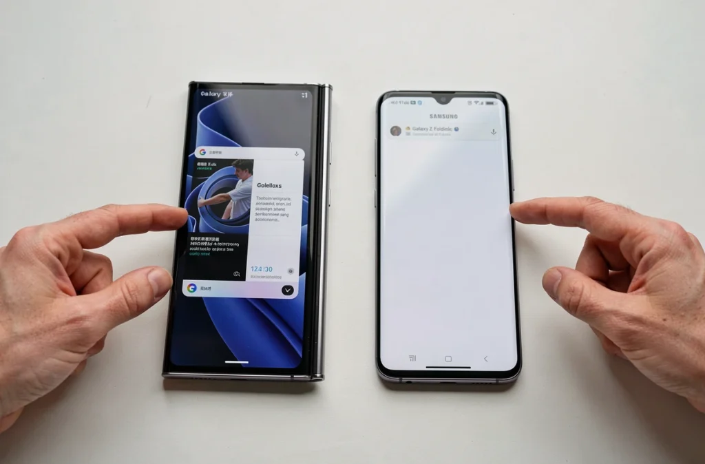 Comparaison des méthodes de capture d'écran entre un Samsung Galaxy Z Fold et un Galaxy standard posés côte à côte