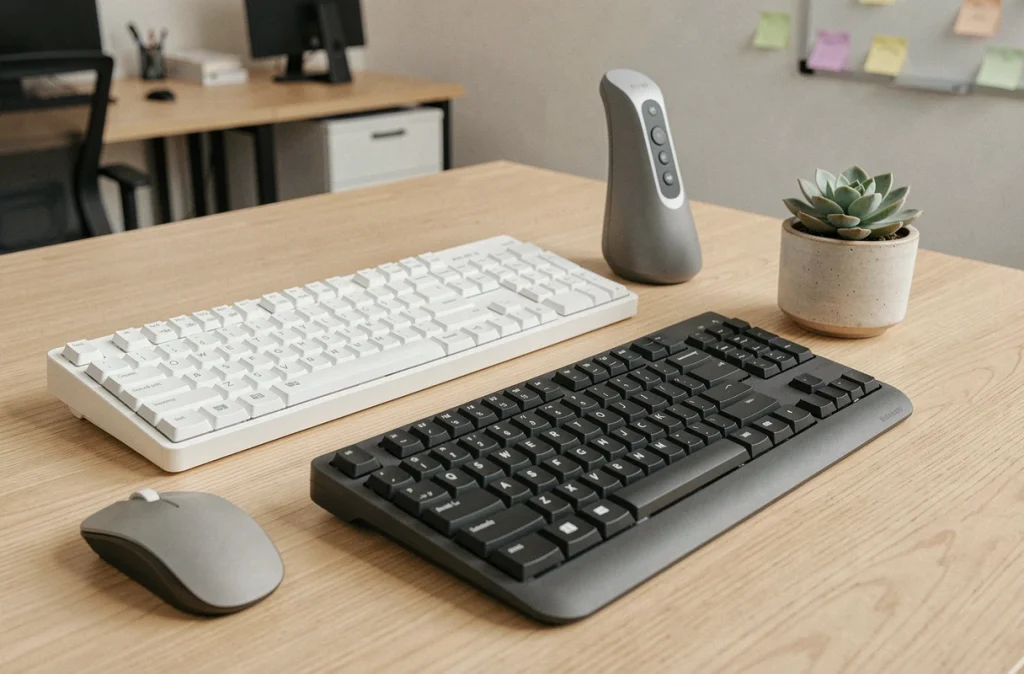 Comparaison de deux claviers ergonomiques sur un bureau en bois clair dans un coin d'open space minimaliste