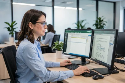 Femme au bureau comparant deux interfaces de suites bureautiques sur deux écrans côte à côte