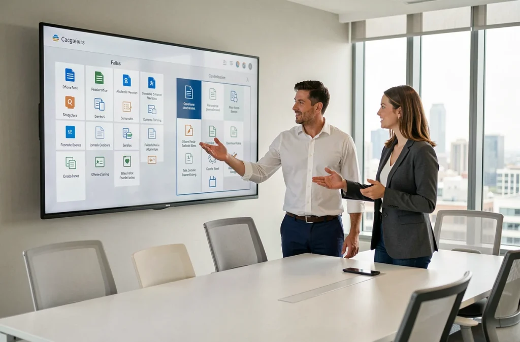 Deux collègues discutant d'une comparaison de suites bureautiques sur un écran mural interactif en salle de réunion