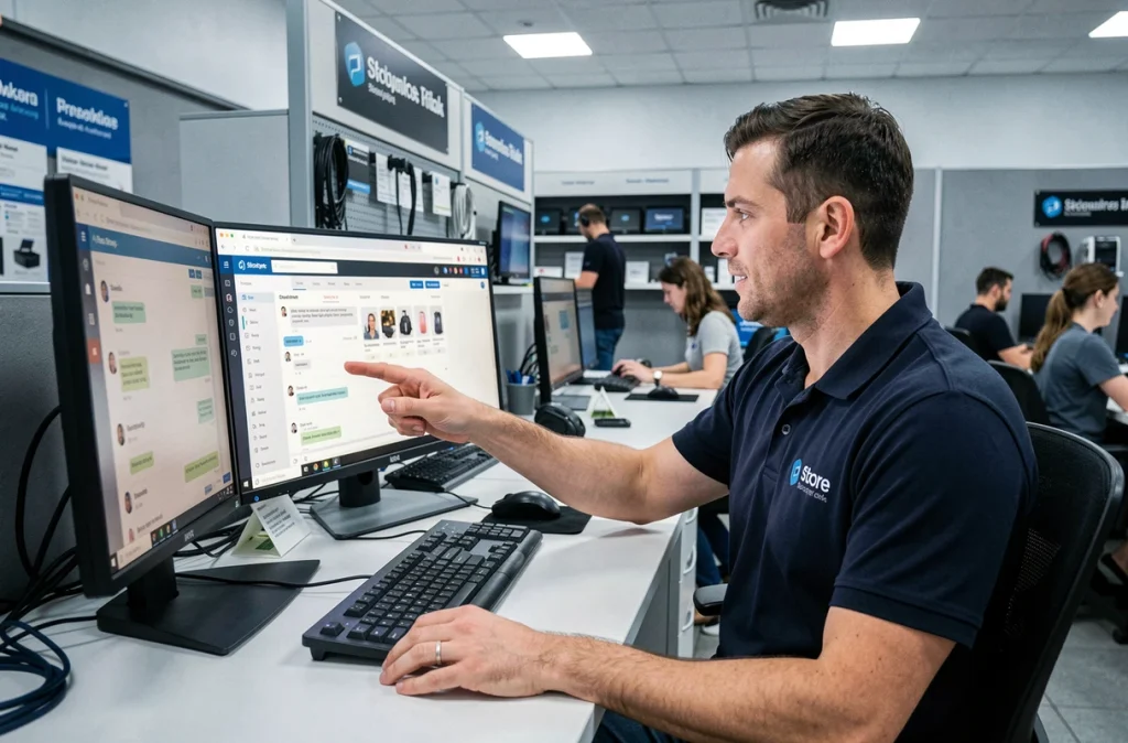 Conseiller technique utilisant un chatbot IA sur double écran dans un espace de travail de boutique high-tech