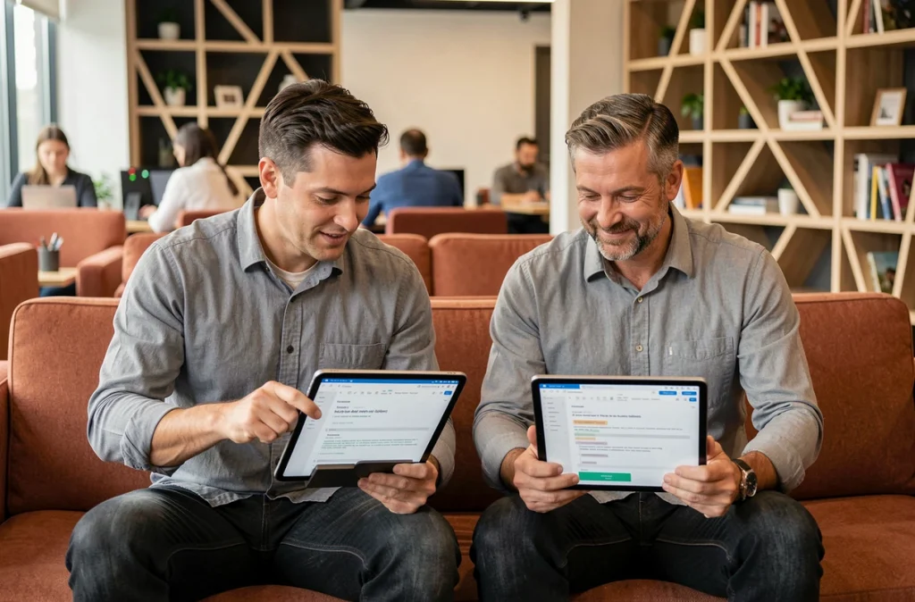 Deux professionnels collaborant sur tablette dans un espace de co-working en consultant le même document partagé en temps réel