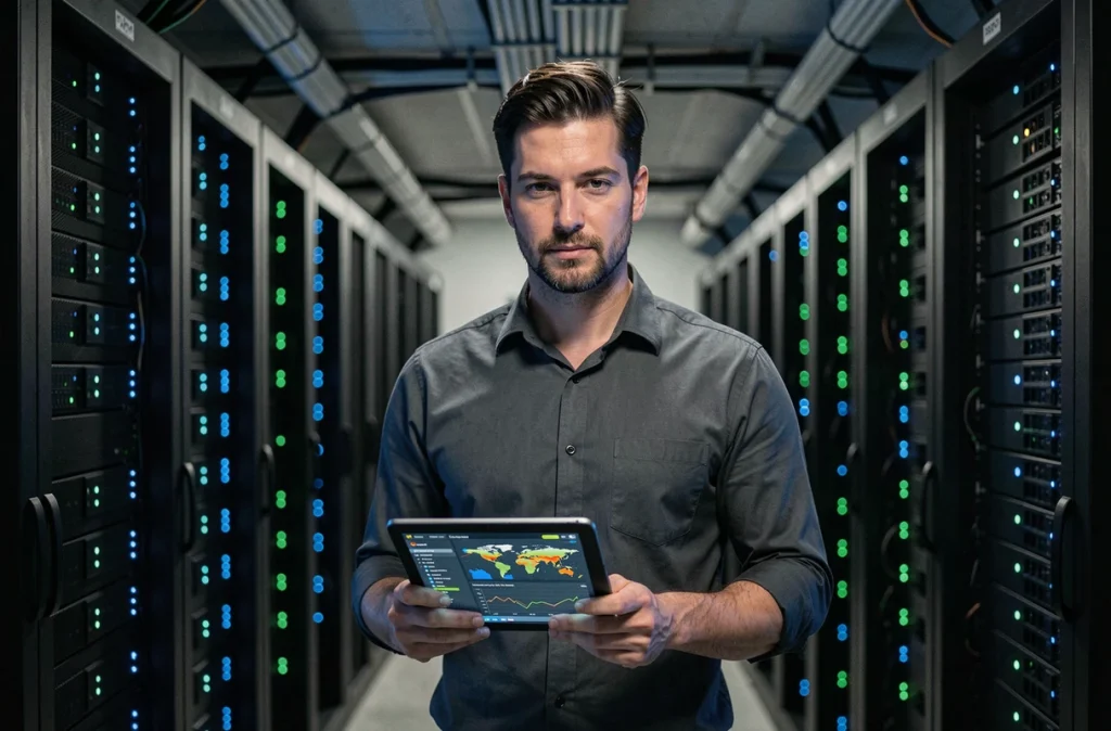 Professionnel IT analysant des données de campagnes publicitaires en temps réel sur une tablette dans une salle de serveurs