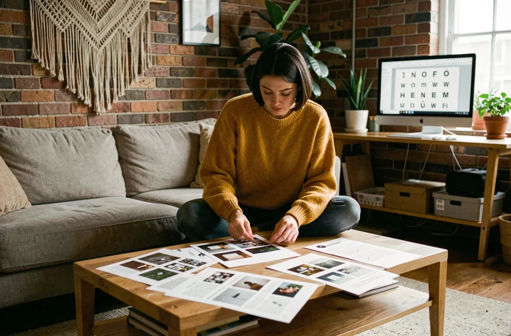 Designer graphique comparant des épreuves d'impression sur table basse dans un studio créatif