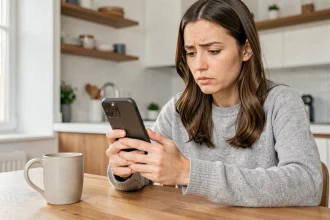 Femme tenant un iPhone et vérifiant si un AirTag la suit, assise dans une cuisine moderne