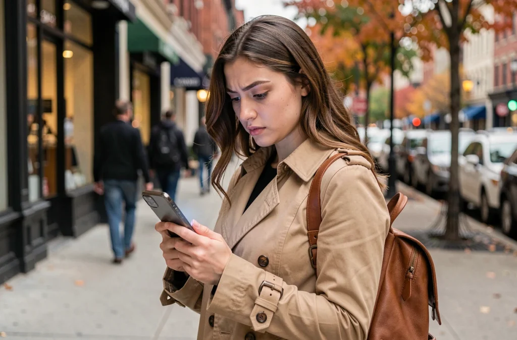 Jeune femme en ville consultant son iPhone pour détecter un AirTag inconnu dans ses affaires