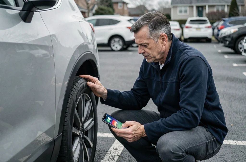 Homme inspectant le dessous de sa voiture avec un iPhone pour détecter un AirTag caché