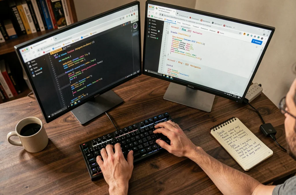 Mains de développeur tapant sur un clavier avec un fil d'Ariane visible sur un écran de navigateur web