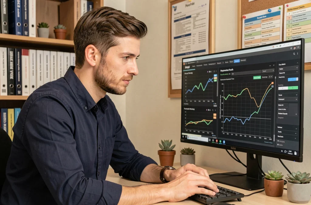 Développeur masculin travaillant sur l'optimisation des temps de réponse serveur et la compression d'images pour améliorer le référencement naturel