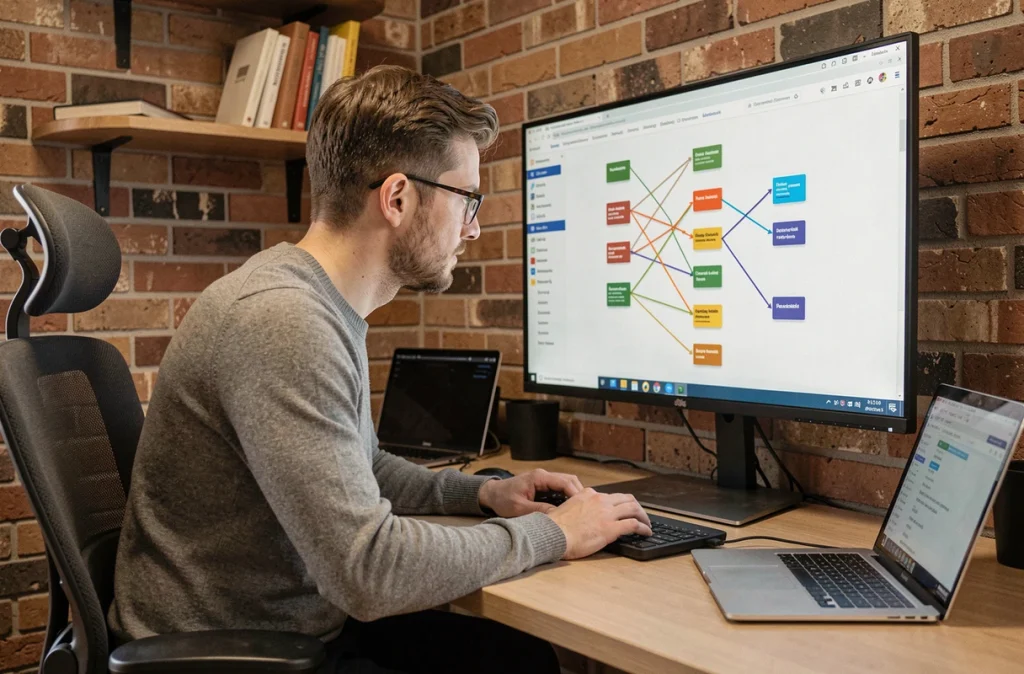 Développeur web visualisant une structure de maillage interne sur un grand écran dans un bureau à domicile