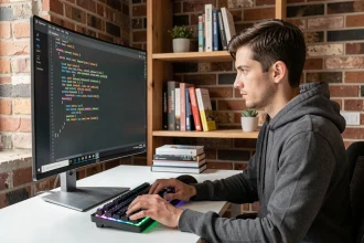 Développeur utilisant un terminal Linux avec la commande popd dans un bureau home office moderne
