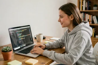 Jeune femme développeuse web devant un écran affichant du code HTML et CSS avec des balises div et du texte centré