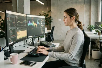 Développeuse web analysant les performances de chargement d'un site sur deux écrans avec les outils de développement du navigateur