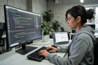 Développeuse web concentrée qui rédige des balises alt dans un éditeur de code HTML sur un grand écran dans un bureau moderne